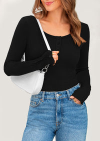 Long Sleeve Henley Ribbed Knit Button Up Slim Fitted Basic Casual T-shirts