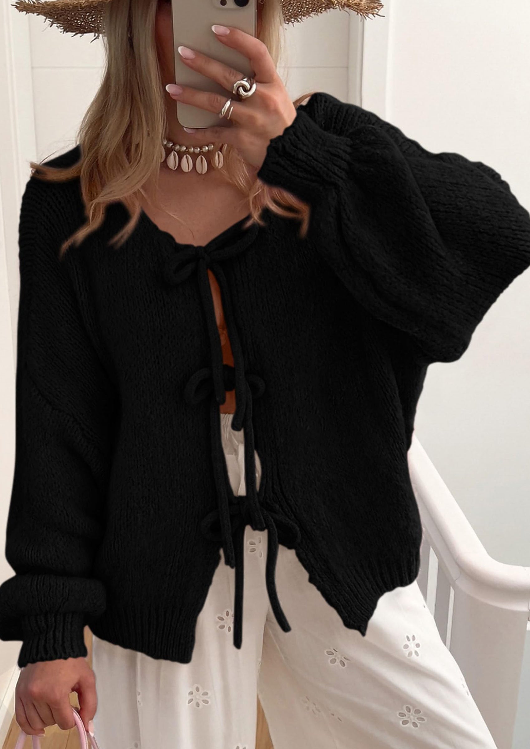 PRETTYGARDEN Women's Tie Front Bow Cardigan Sweaters Chunky Knit Long Puff Sleeve Trendy Fall Winter Jacket Coats