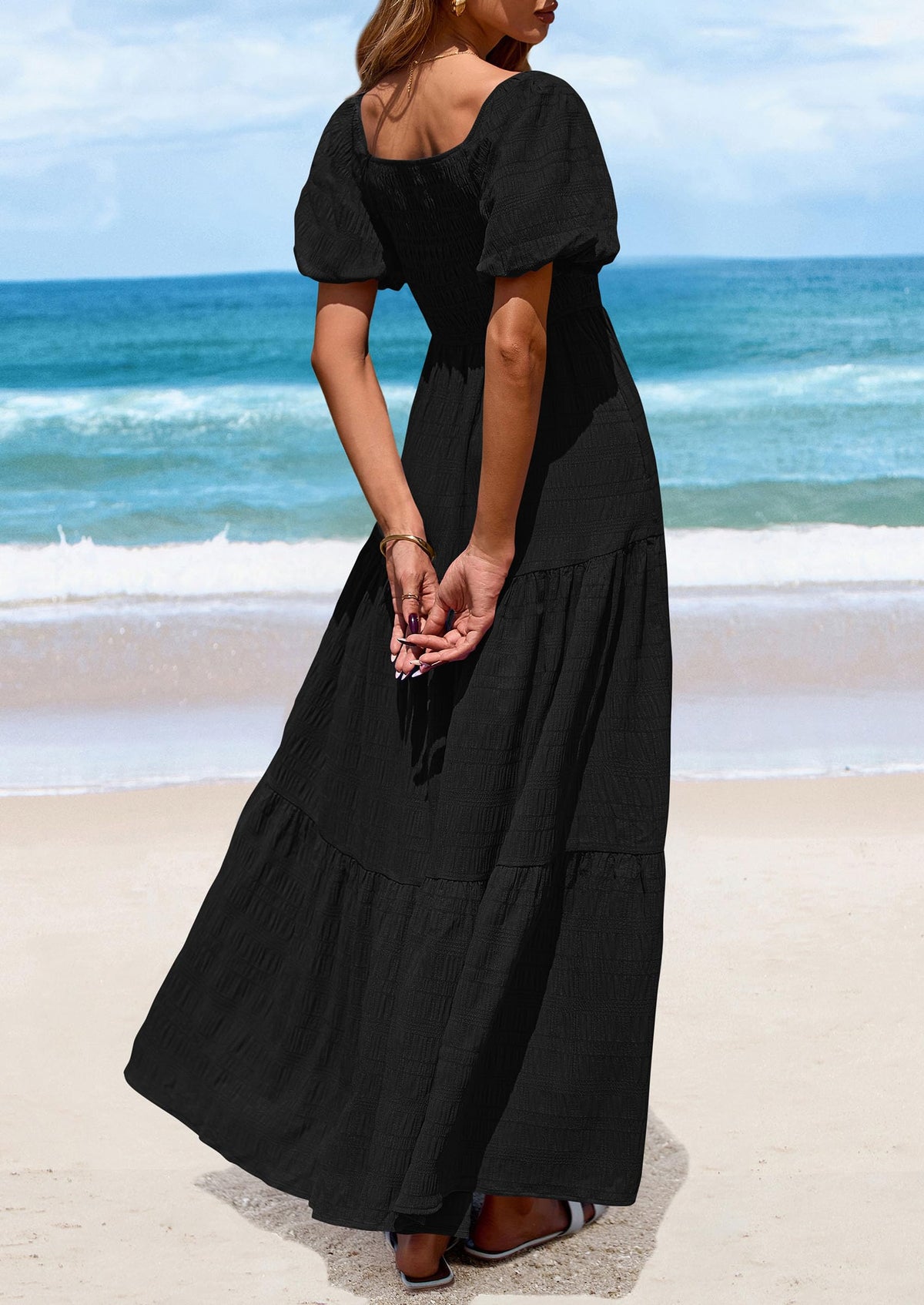 Puff Short Sleeve Square Neck Smocked Tiered Ruffle A Line Flowy Beach Maxi Dresses
