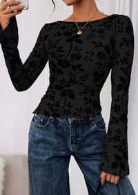 PRETTYGARDEN Women Long Sleeve Floral Mesh Tops Blouse  Fall Trendy Boat Neck Ruched Fitted Shirt Going Out Date Outfits