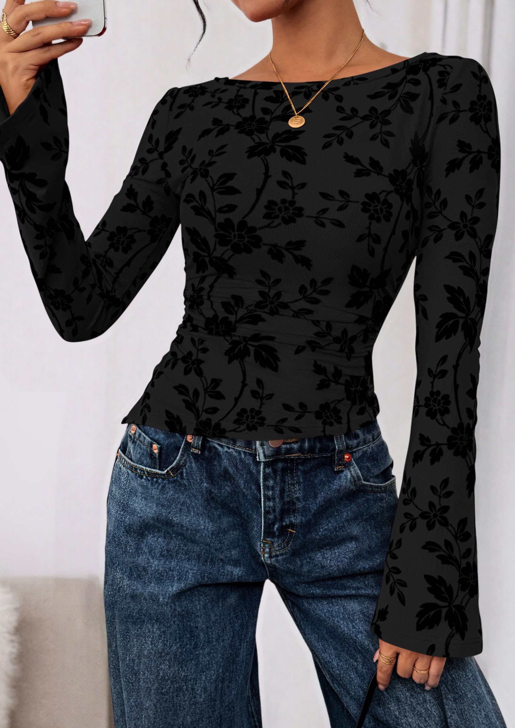 PRETTYGARDEN Women Long Sleeve Floral Mesh Tops Blouse  Fall Trendy Boat Neck Ruched Fitted Shirt Going Out Date Outfits
