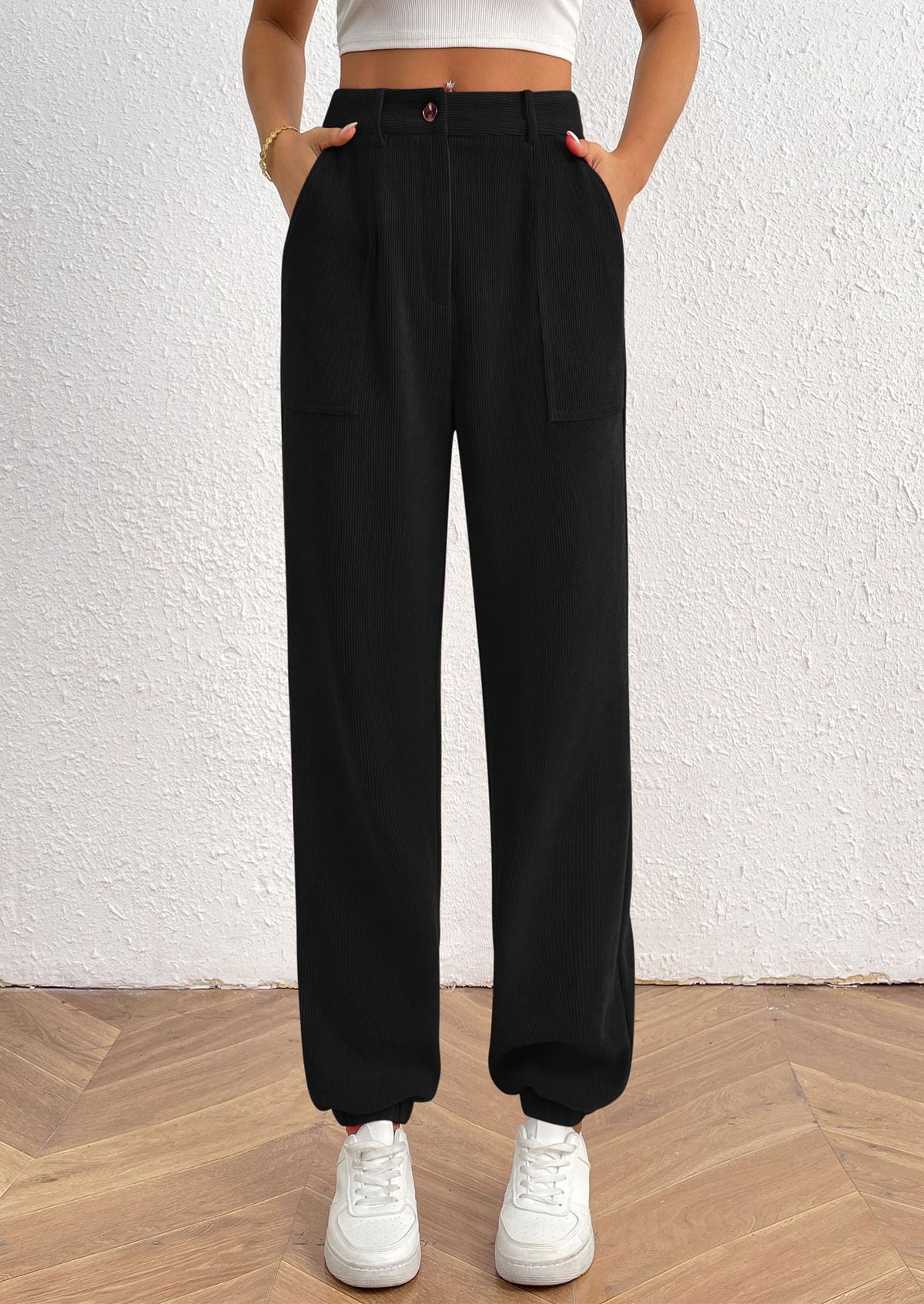 Elastic High Waisted Work Office Corduroy Casual Pants with Pockets