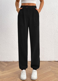 Elastic High Waisted Work Office Corduroy Casual Pants with Pockets