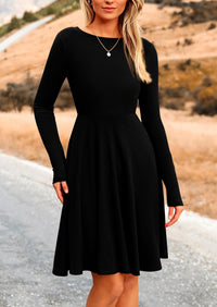 Ribbed Knit Crew Neck Long Sleeve A-Line Flowy Casual Elegant Mini Dresses