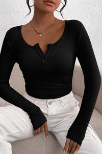 Long Sleeve Henley Button Down Ribbed Knit Slim Fit Casual T-shirts