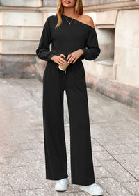 PRETTYGARDEN Long Sleeve Jumpsuit For Women Dressy Off Shoulder One Piece Loose Wide Leg Jumpsuits Casual Flowy Romper