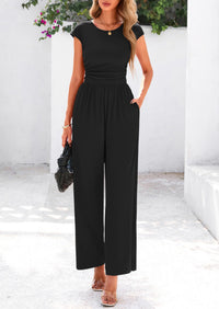 Dressy Ribbed Cap Sleeve Wide Leg Pants Elegant Casual Jumpsuits