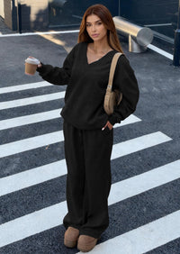 PRETTYGARDEN Casual Winter Two Piece Sets for Women V Neck Sweatshirt Loose Wide Leg Pants Tracksuit Knit Fall Outfits PRETTYGARDEN