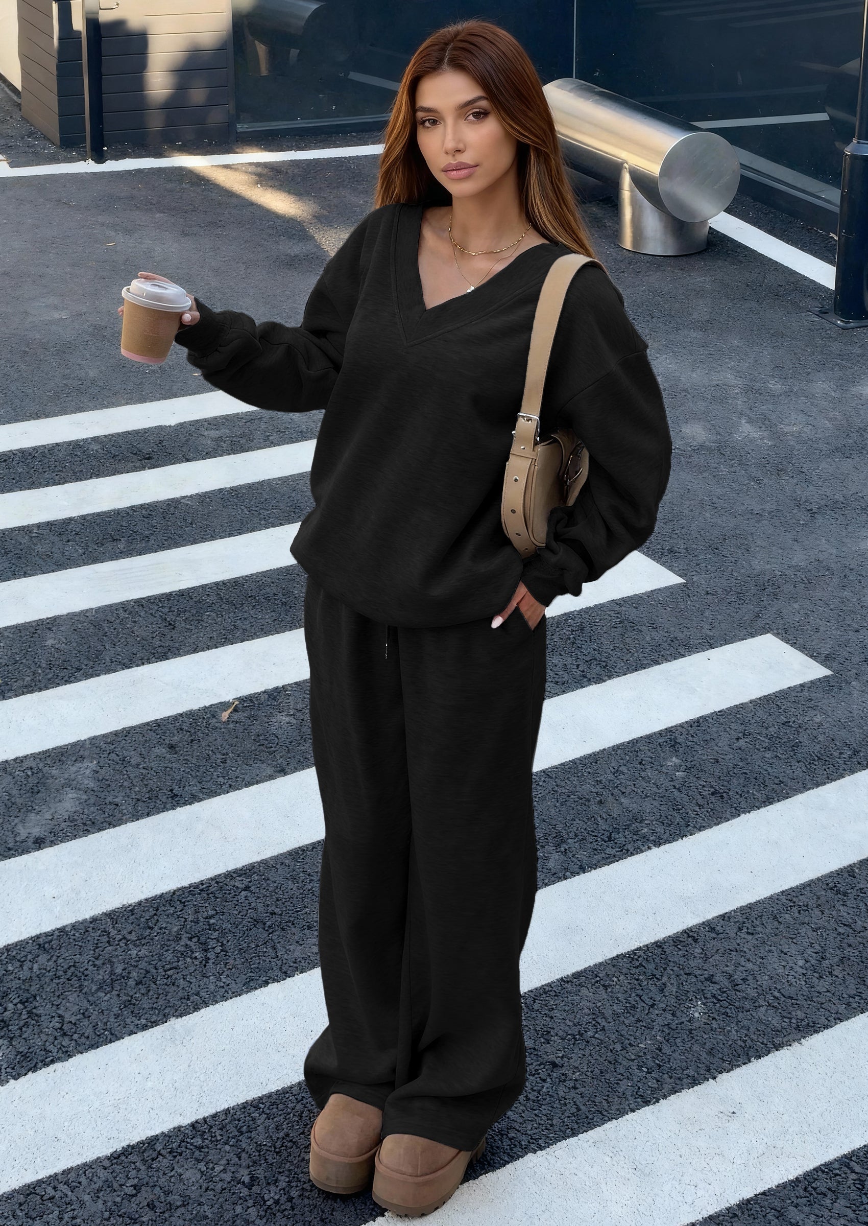 PRETTYGARDEN Casual Winter Two Piece Sets for Women V Neck Sweatshirt Loose Wide Leg Pants Tracksuit Knit Fall Outfits PRETTYGARDEN