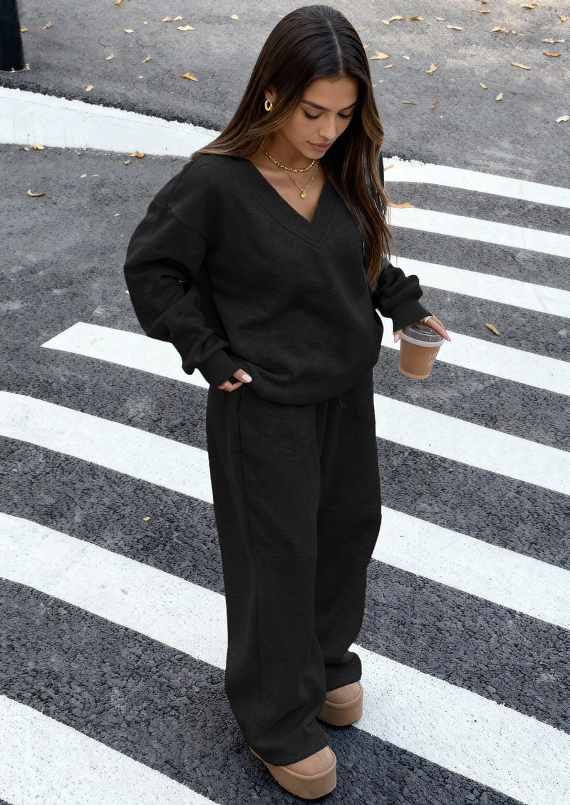 PRETTYGARDEN Casual Winter Two Piece Sets for Women V Neck Sweatshirt Loose Wide Leg Pants Tracksuit Knit Fall Outfits PRETTYGARDEN