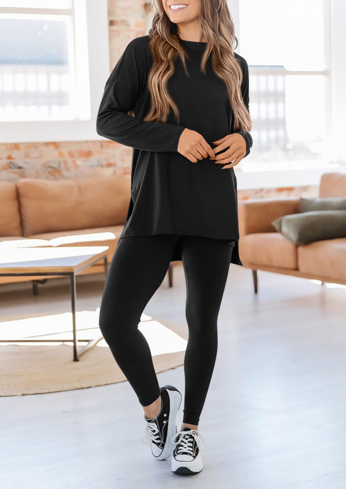 Casual Long Sleeve Tunic Tops Legging Pants Two Piece Sets