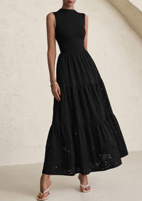 Casual Eyelet Sleeveless Maxi Dress with Pockets