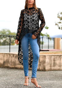 Long Sleeve Round Neck High Low Asymmetrical Irregular Hem Casual Blouse