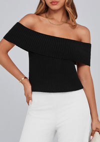 Off Shoulder Ribbed Knit Short Sleeve Blouse