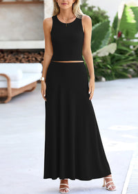 Casual Knit Cropped Tank Top High Waisted Skirt 2 Piece Sets