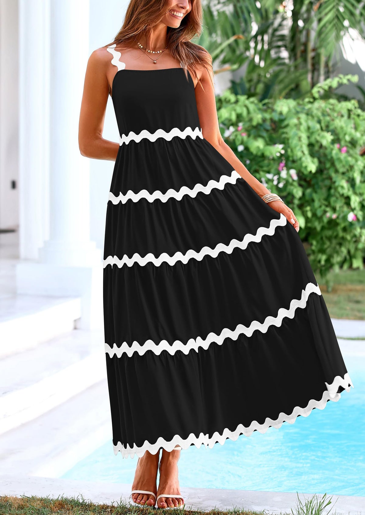 Spaghetti Strap Ruffle Flowy Boho Casual Beach Vacation Maxi Dresses