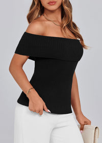 Off Shoulder Ribbed Knit Short Sleeve Blouse