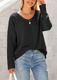 Casual Long Sleeve Ribbed V Neck Loose Fit Blouses