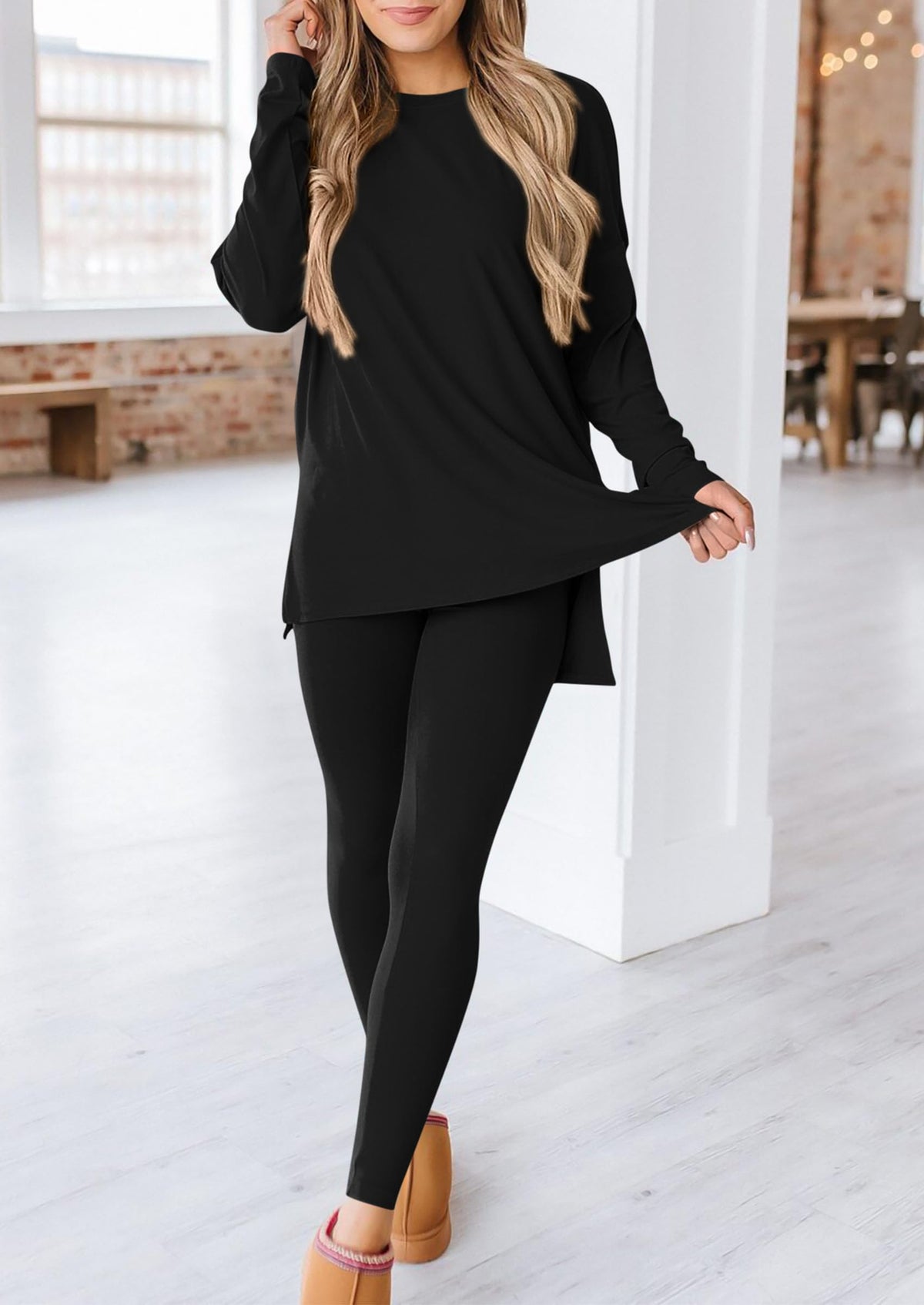 Casual Long Sleeve Tunic Tops Legging Pants Two Piece Sets