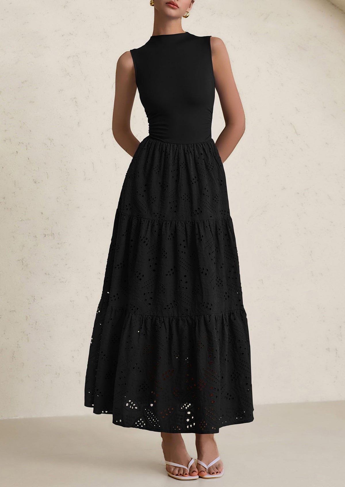 Casual Eyelet Sleeveless Maxi Dress with Pockets