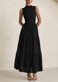 Casual Eyelet Sleeveless Maxi Dress with Pockets