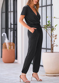 Deep V Neck Wrap Drawstring Waist Jumpsuits