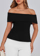 Off Shoulder Ribbed Knit Short Sleeve Blouse
