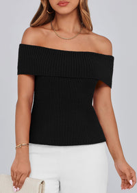 Off Shoulder Ribbed Knit Short Sleeve Blouse