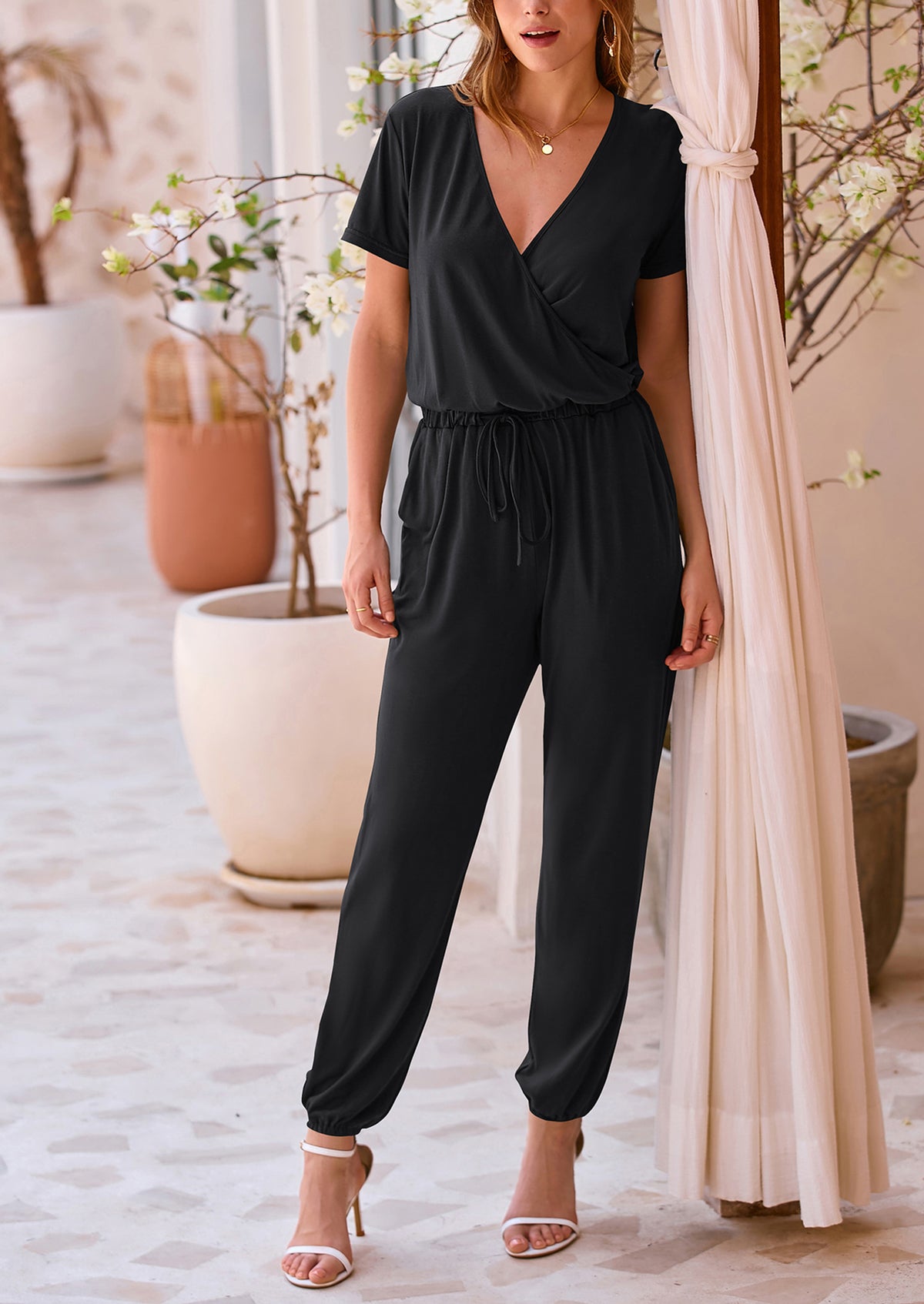 Deep V Neck Wrap Drawstring Waist Jumpsuits