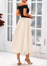Off Shoulder Sleeveless A Line Midi Dress with Pockets