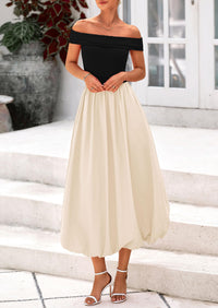 Off Shoulder Sleeveless A Line Midi Dress with Pockets