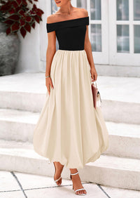 Off Shoulder Sleeveless A Line Midi Dress with Pockets