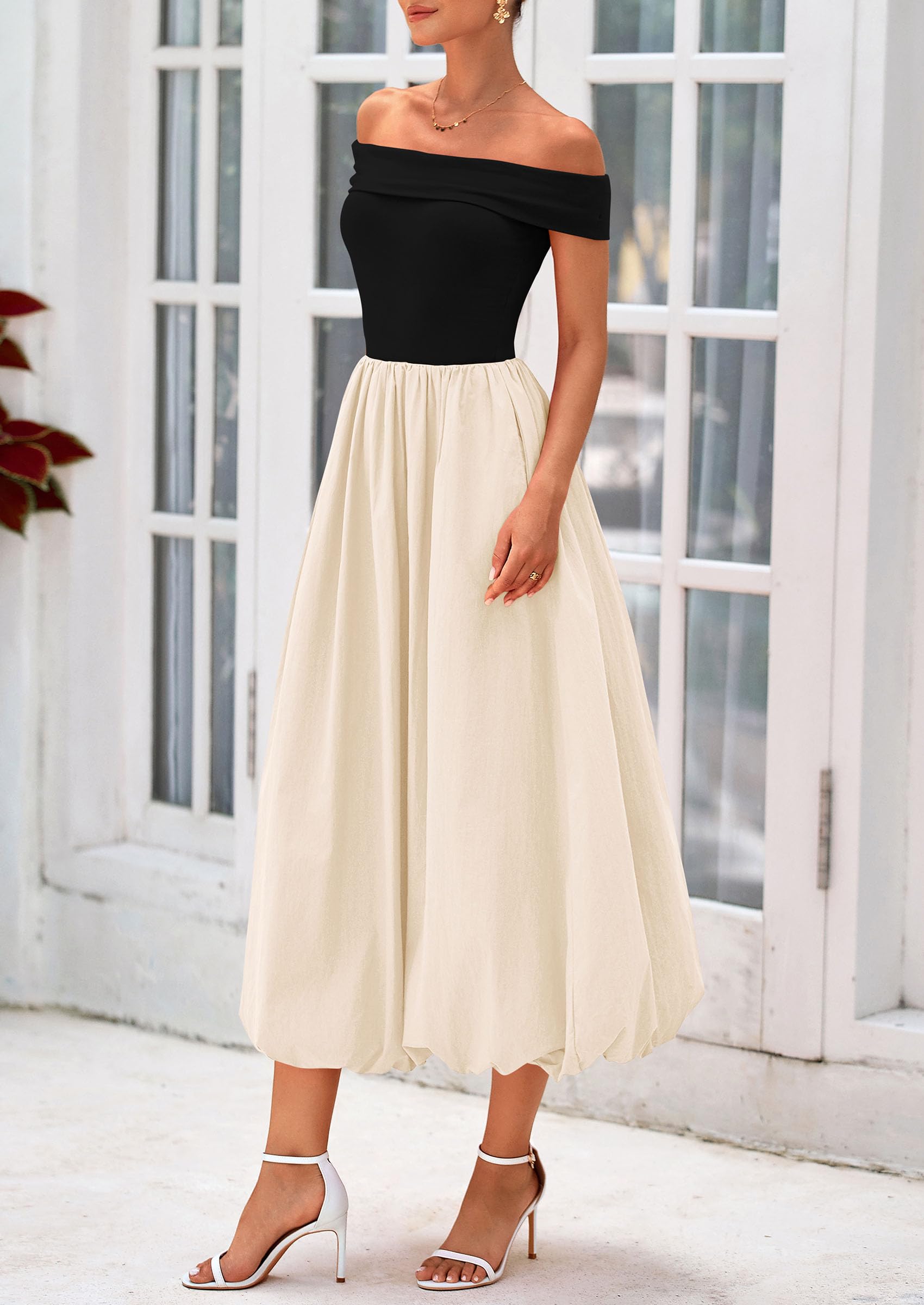 PRETTYGARDEN Womens Off Shoulder Cocktail Wedding Guest Midi Dresses