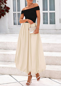 Off Shoulder Sleeveless A Line Midi Dress with Pockets