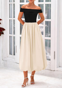 Off Shoulder Sleeveless A Line Midi Dress with Pockets