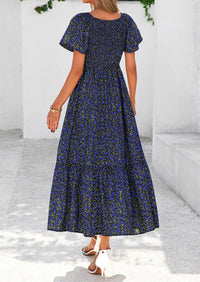 Floral Boho Short Sleeve V Neck Smocked A Line Beach Vacation Maxi Dresses