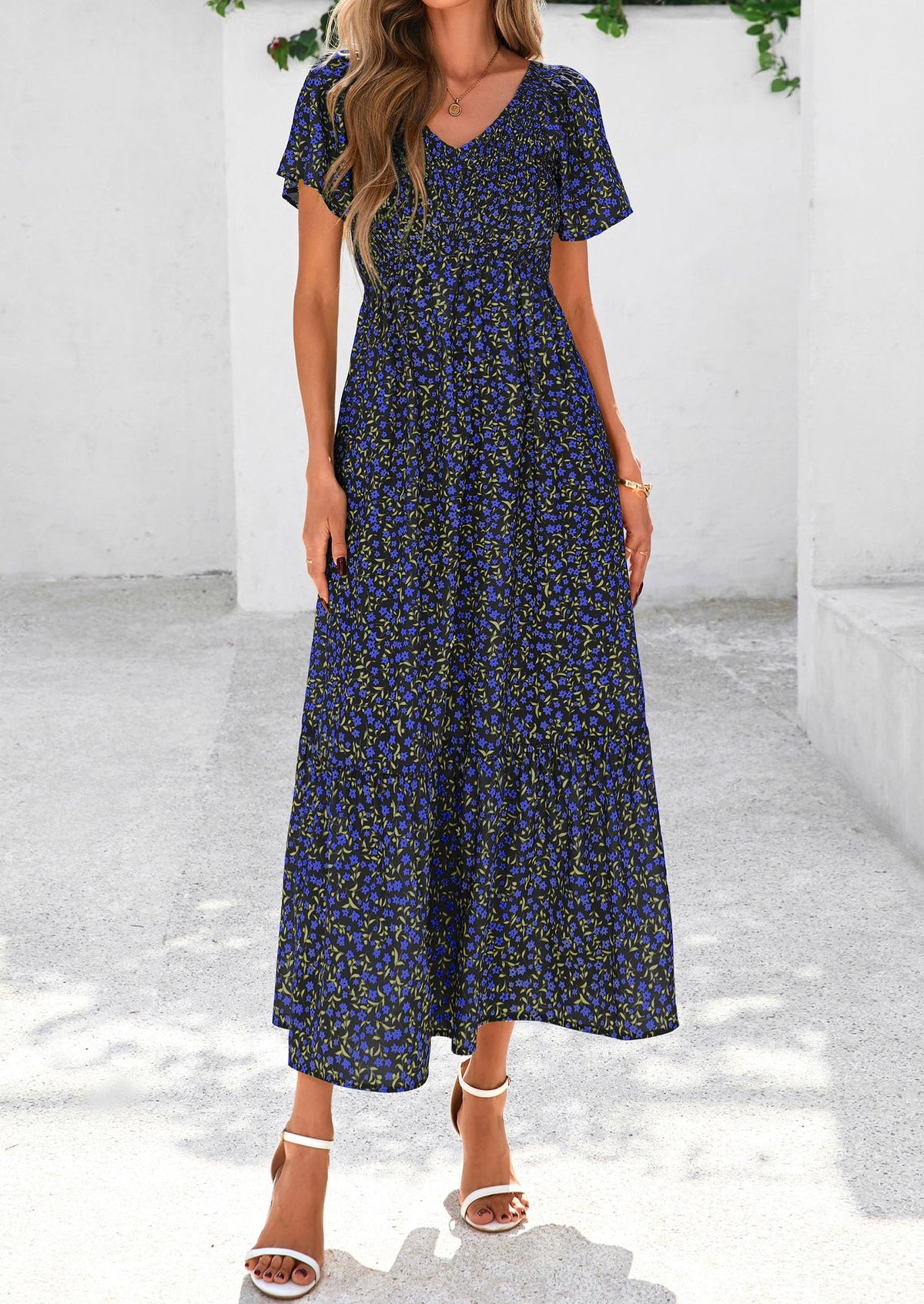 Floral Boho Short Sleeve V Neck Smocked A Line Beach Vacation Maxi Dresses