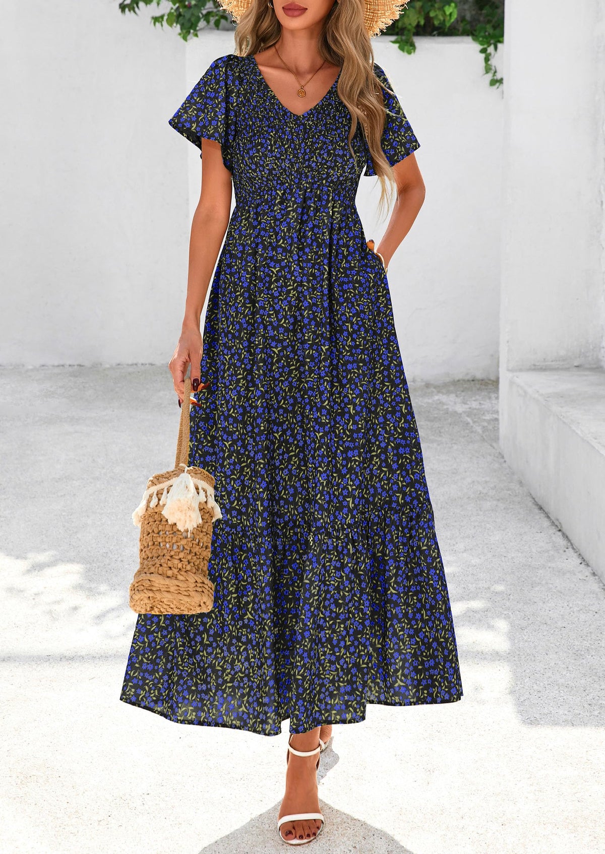 Floral Boho Short Sleeve V Neck Smocked A Line Beach Vacation Maxi Dresses