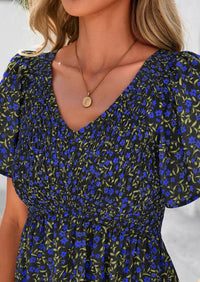 Floral Boho Short Sleeve V Neck Smocked A Line Beach Vacation Maxi Dresses