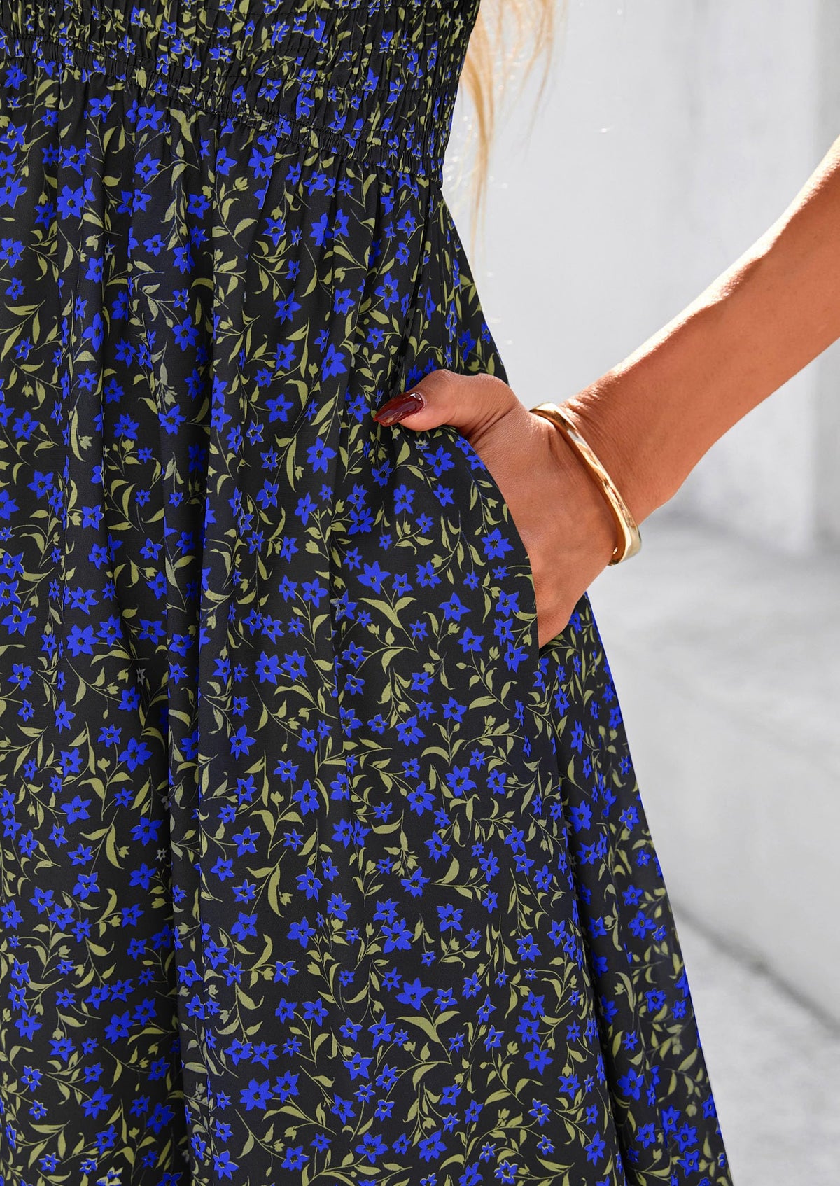 Floral Boho Short Sleeve V Neck Smocked A Line Beach Vacation Maxi Dresses