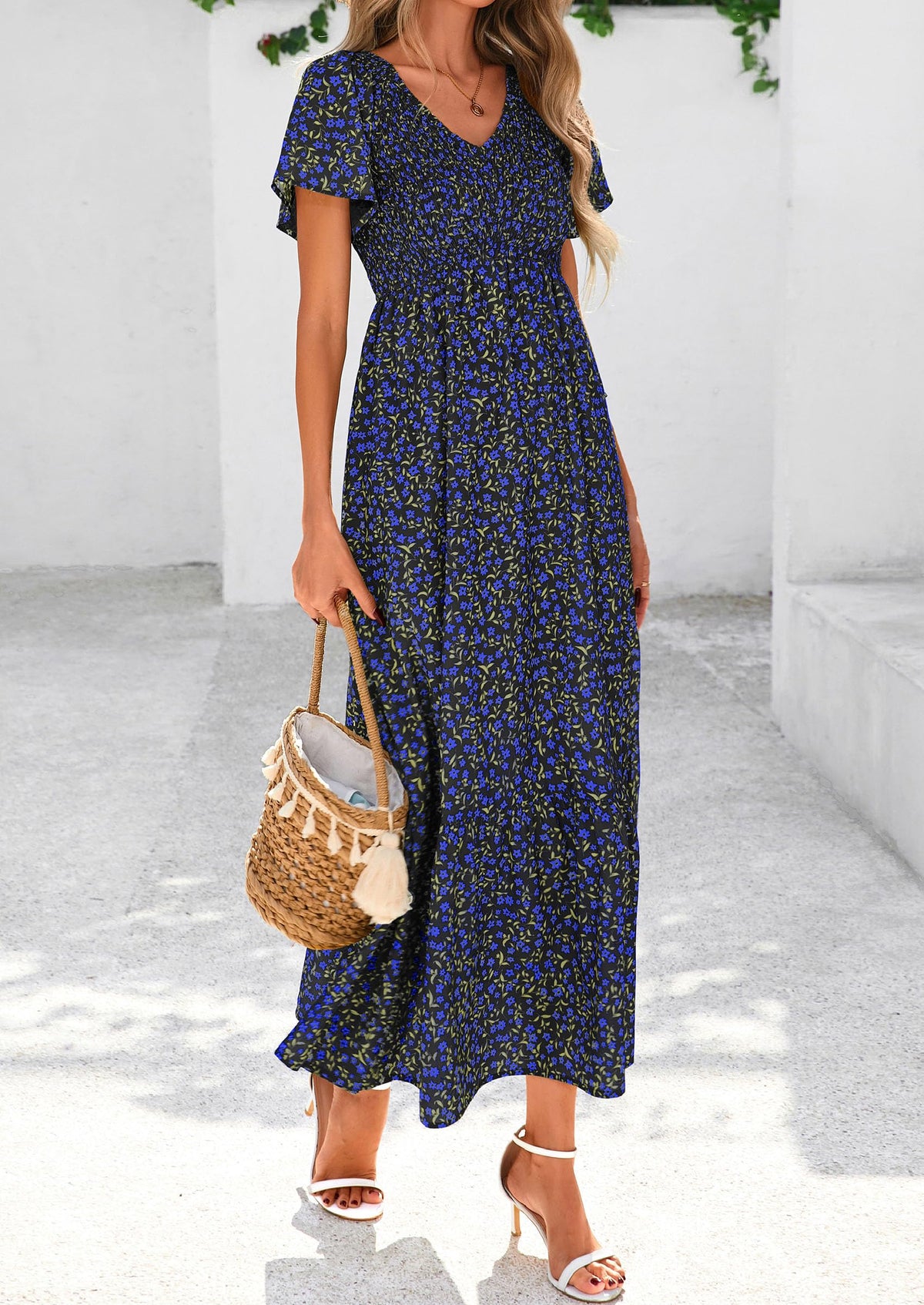 Floral Boho Short Sleeve V Neck Smocked A Line Beach Vacation Maxi Dresses