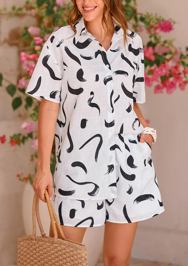 Casual Printed Beach Short Sleeve Tops Lounge Shorts Two Piece Sets