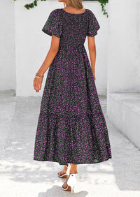 Floral Boho Short Sleeve V Neck Smocked A Line Beach Vacation Maxi Dresses