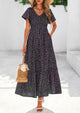Floral Boho Short Sleeve V Neck Smocked A Line Beach Vacation Maxi Dresses