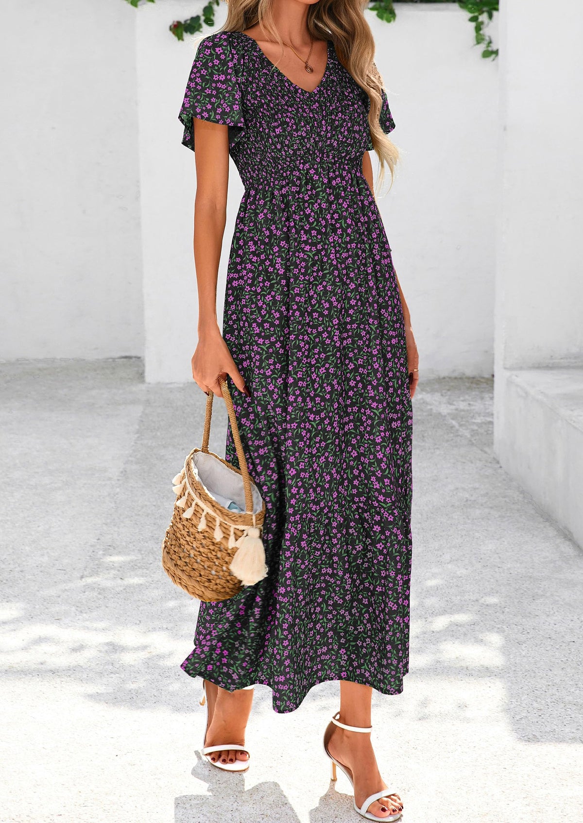 Floral Boho Short Sleeve V Neck Smocked A Line Beach Vacation Maxi Dresses