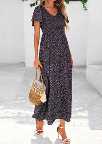 Floral Boho Short Sleeve V Neck Smocked A Line Beach Vacation Maxi Dresses