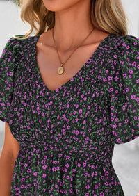 Floral Boho Short Sleeve V Neck Smocked A Line Beach Vacation Maxi Dresses