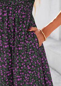 Floral Boho Short Sleeve V Neck Smocked A Line Beach Vacation Maxi Dresses