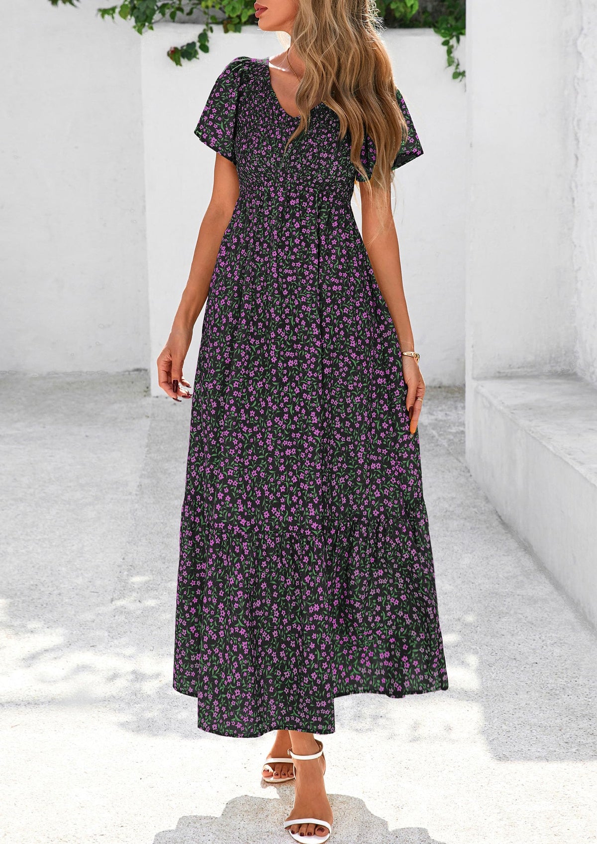 Floral Boho Short Sleeve V Neck Smocked A Line Beach Vacation Maxi Dresses
