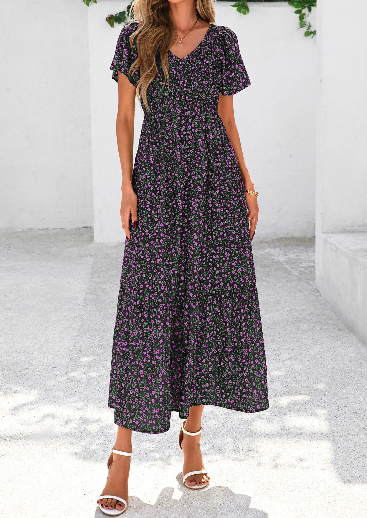 Floral Boho Short Sleeve V Neck Smocked A Line Beach Vacation Maxi Dresses